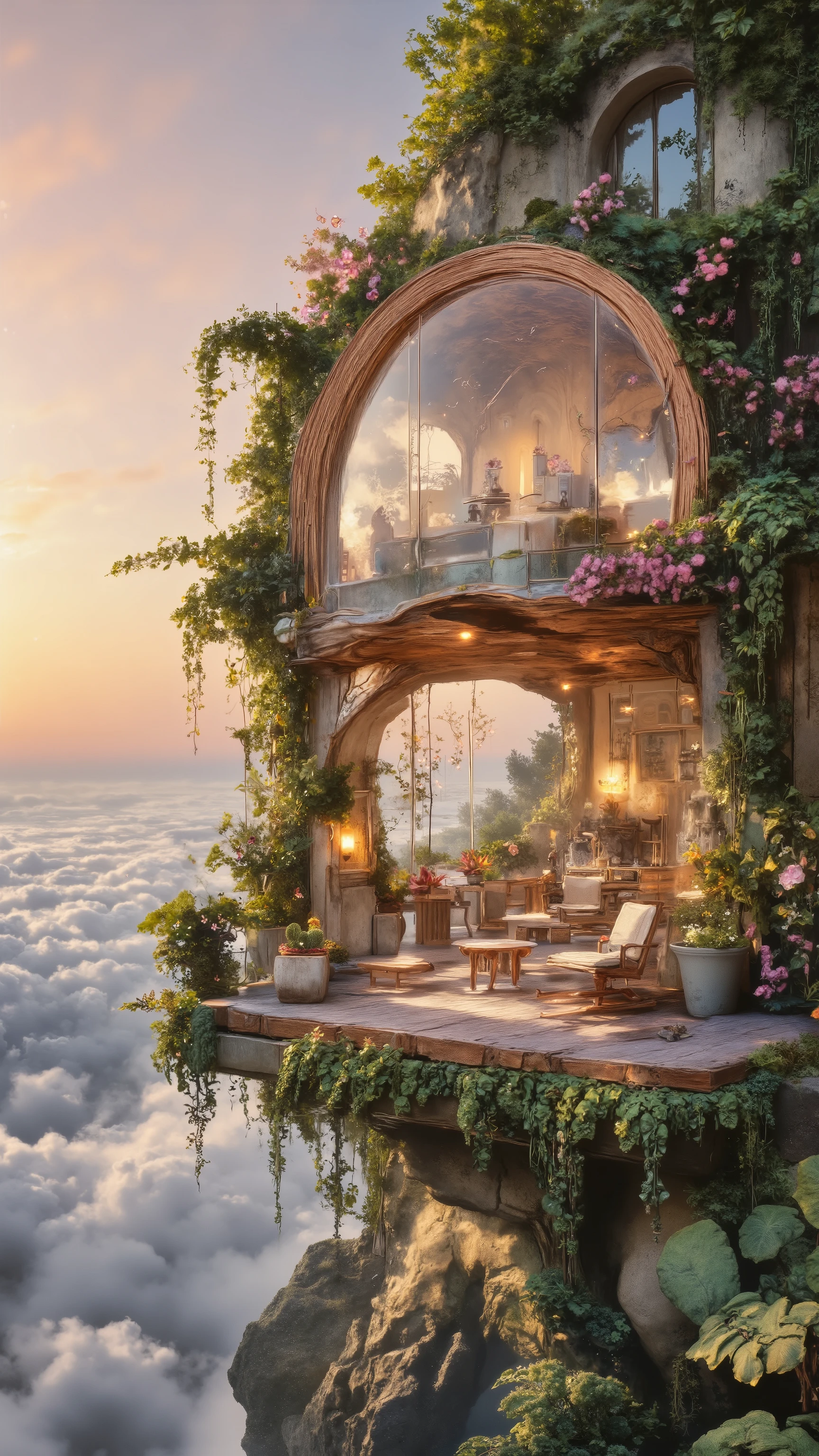 A dreamy, relaxing sanctuary floating gently above the clouds, designed as a garden terrace surrounding a glass-walled dreamhouse with curved wooden beams and hanging plants. The view is wide and open, showing endless cottony clouds below and soft pink-orange light from the rising sun. Wind chimes tinkle, vines sway, and butterflies flutter through the air. Every detail is soft yet rich: petals, fog, wood texture, morning light. Meditative mood, peaceful visual rhythm, ultra-detailed atmospheric art --ar 16:9 --v 5