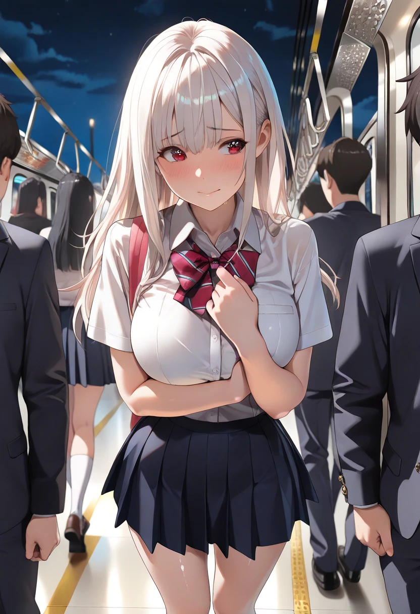 Crowded train、One pretty woman、Many passengers、Best image quality、High resolution、masterpiece、super high quality、Lori、Girl ,Silver Hair, Bright Blue Eyes, Mid-chest,Red bow tie, Dark blue pleated skirt, Long sleeve shirt, Dark Blue Vest、Blushing、4K quality、Reached orgasm、、Heavy breathing、From directly below、From directly below、1 personの女の子, Raise your arms, 1 person, {{{The guy put his hand on the girl's crotch}}}, Inside the train, Crowded, Crying face、(Affirmative prompts)
(1 Girl)++, (masterpiece)+++, (Highest quality)+++, (Super cute)+++, , (Roll up your shirt), Out of place bra ,arched back, Crowded train, (Many men standing behind a girl )++, Dynamic pose, Dynamic hand movements, (Grab your chest)+++, A man grabs a woman's arm , (Hands frying), (Floating Hand), (Grab from behind),