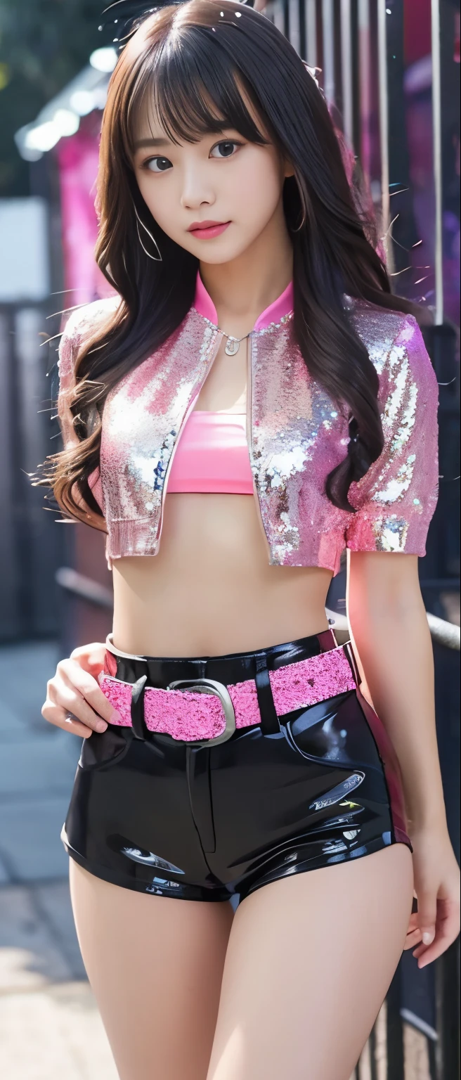 Elegant Princess Idol Girl、A pure girl's face、 hypo、、elegant sequin tight shorts(fluorescent pink)、、elegant silver jacket、The glowing haunted house、live belt