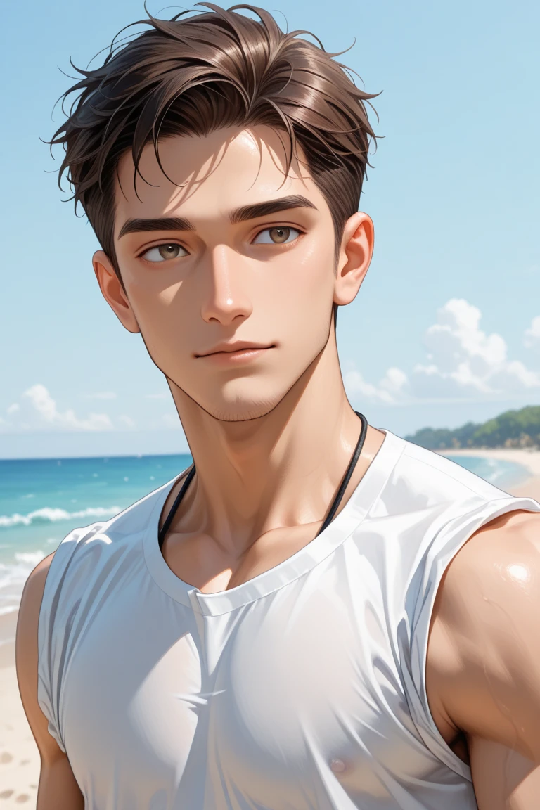 A young man, 21-years-old, solo, Caucasian, mature face, wild spiky undercut brown hair, orange eyes, cheerful smile, lips parted, no shirt, shirtless, red swimming trunks, thin silver necklace, holding a surfboard, beach, looking off into the distance