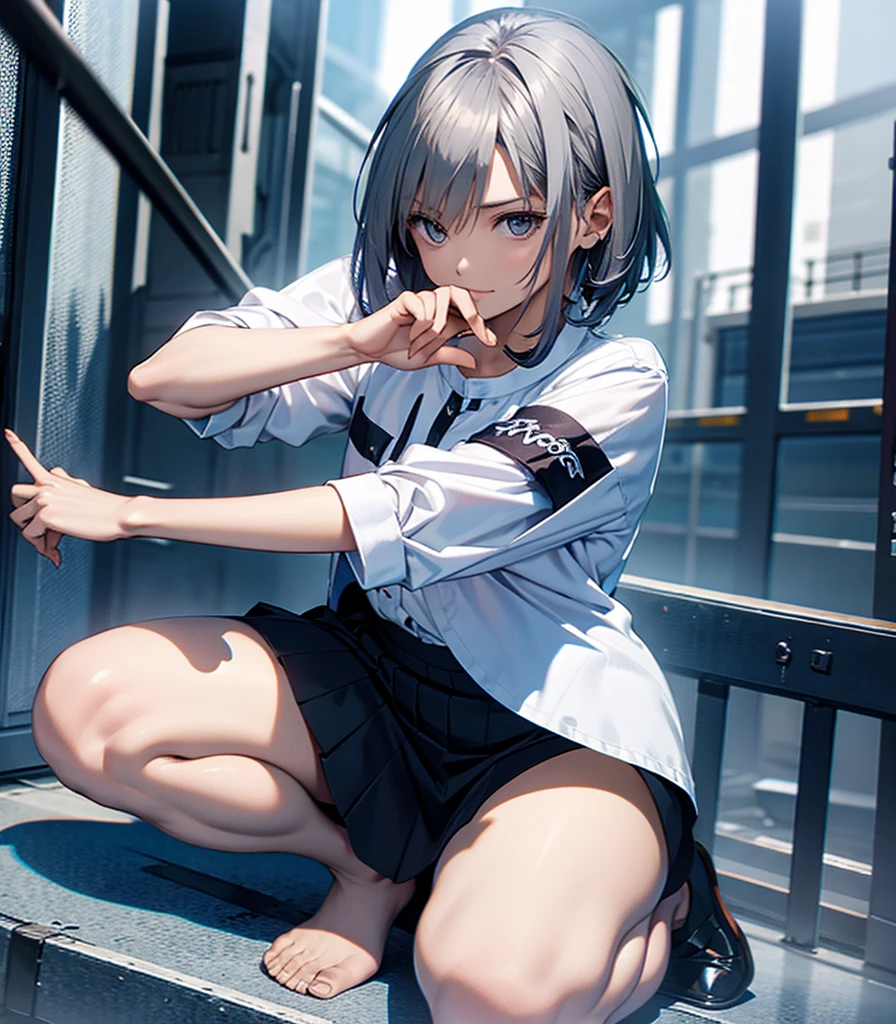 High resolution, Highest quality, super high quality, Ultra-detailed,( Woman smoking cigarette:1.3)、 Bobcut、White Hair、Blue eyes、Crouching、Riders jacket、Black Mini Skirt、Beautiful Skin、Beautiful Face、Beautiful Eyes