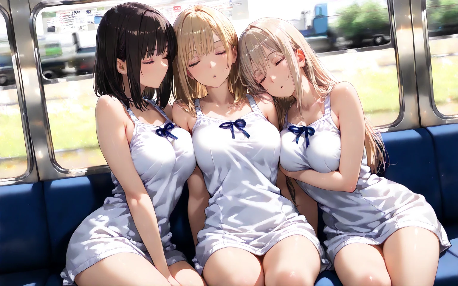 ((highest quality)), ((masterpiece)), (3 girls:1.5), Cute girl is posing for the camera, (riding in a luxury car), (sit with feet together), (shirtを持ち上げる:1.3), (open your mouth and smile:1.3), ray tracing, ((topless)), (), nipple, chest, hair band, head band, hair bobble, blouse, shirt, (high definition thighs), (high resolution fingers), ((No panties)), Pussy, Asian, Westerners, silver hair, brown hair, blonde, (belly button), jewelry, looking at the viewer, necklace, long hair, short hair, (abs),(written boundary depth),
