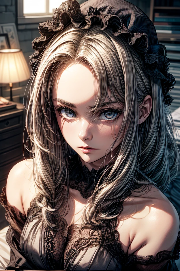 A woman, 30 years old, Mature, Super textured hair, Extra long wavy hair, Single ear front hair, Nice face, Super detailed eyes, Grow eye hair, shining pupils, Charming eyes, Beautiful and delicate lips, seductive smile, A light blush, Very detailed face, Extra detailed body, High quality real skin texture, white collared shirt, black skirt, (semi-sheer chiffon), Lace trim at hem, black lace underwear, barefoot,