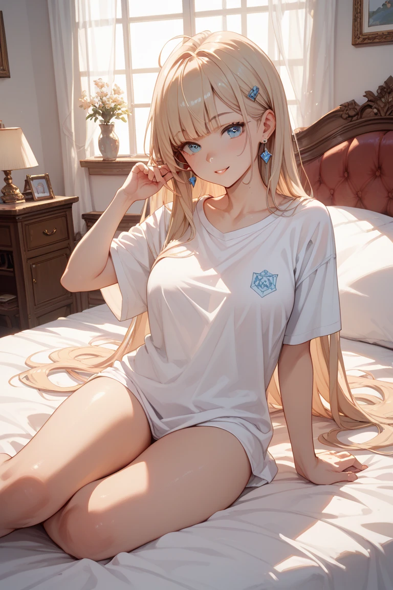 masterpiece, highest quality, High resolution, 14-year-old girl、blue eyes、
blonde,  Braiding, White shirt, White panties、room、bed、Lie down