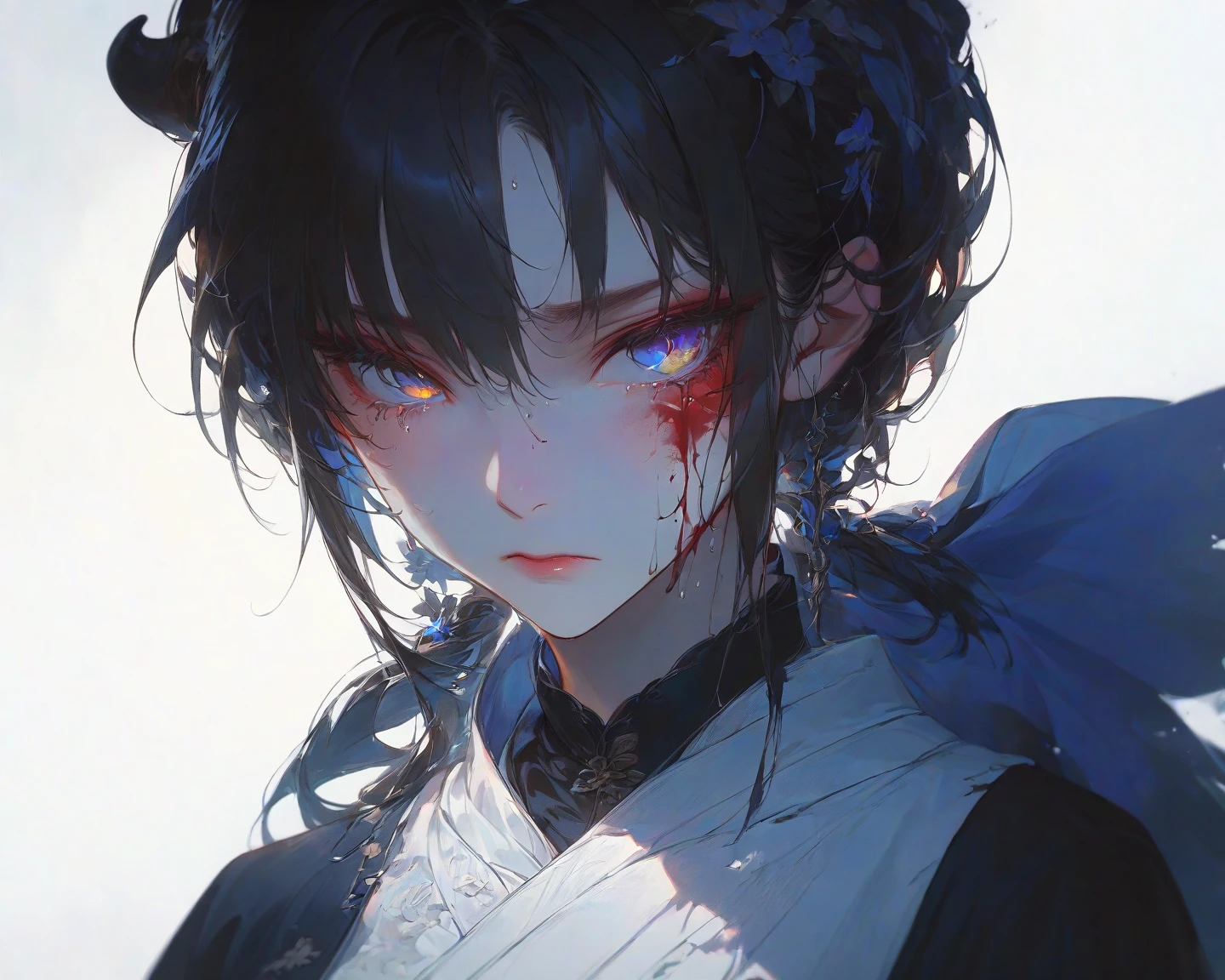 As our group ventured deeper into the realm, a new presence joined our ranks—a woman named Shizuka. Her arrival brought with it an air of tension, as suspicions and doubts simmered beneath the surface. We couldn't help but question her true motives and the weight of her past actions. Shizuka's haunted eyes and guarded demeanour hinted at a troubled history, one that mirrored my own. It was as if we were two shattered souls, bound together by the pain we carried. I couldn't help but feel a strange kinship with her, a connection forged by shared darkness. ancient Japanese scenery, buddha statues, temples, (mysterious black fog), journey to the west, (dilapidated), (battlefield)), (blood stains),absurdity, realistic lighting, (abyss) masterpiece, high quality, beautiful graphics, high detail, black hair, haunted eyes, suspicions
