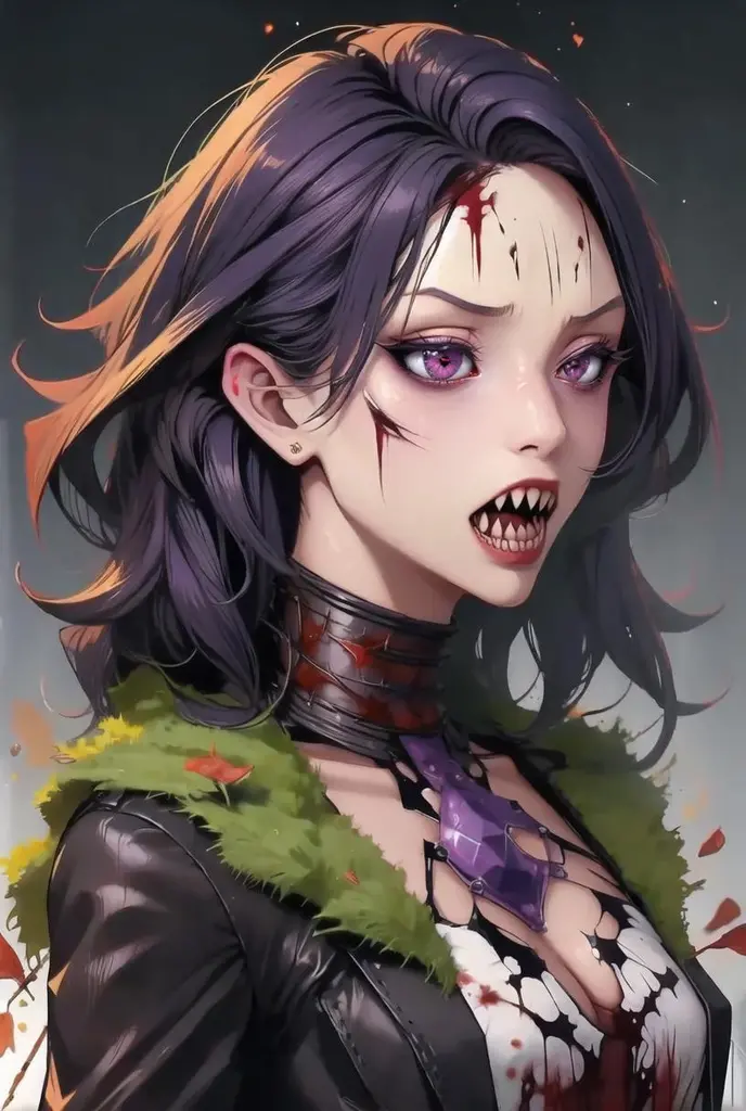 <lora:StyleSwamp:1> style_sm, 
upper body, portrait, monster girl, red eyes, sharp teeth, blood, 
masterpiece, best quality, <lora:MiJung_BNW:0.6> MiJungdef, purple hair, medium hair