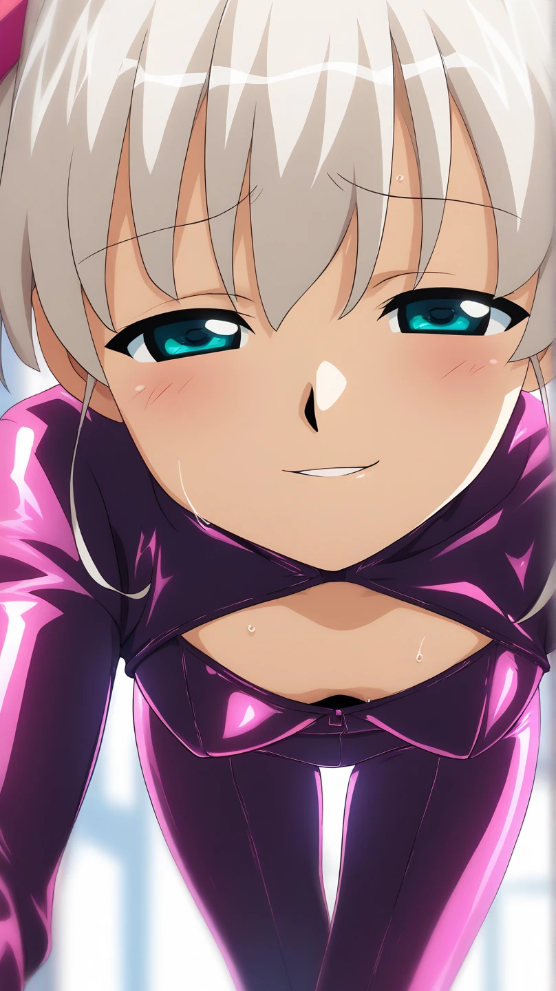 The girl is riding on the back of a huge living green frog, not sitting on, the green frog and girl are going to city, BREAK, the girl, 17yo, (shiny silver hair, bob cut, bang between eyes, beautiful hair), Ultra-detailed face, (silver eyes:1.3), beautiful eyes, athlete, Detailed eyes, glossy eyes, embarrassed, laugh, enjoy, (neon pink bikini, pink high heel), (Best quality, 8k, Masterpiece :1.3),