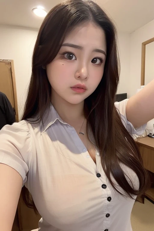 mix 4, (16K, Raw photo, best image quality, masterpiece: 1.45), (realistic, Photoreal: 1.37), one girl, cute japanese high school girl, photon mapping,In the changing room, Physically based rendering, dark brown hair,straight hair,medium long hairstyle, With bangs,Beautiful well-groomed eyes、((double eyelid))、A smile that looks up、 (((plain white long sleeve shirt、The first button of the shirt is open、navy pleated mini skirt、navy blue ankle length socks、black loafers))), highest quality photos, High resolution, 1080P, (clear face), (Detailed facial description), (detailed description of hands), (masterpiece)、master work、Rich details、(detailed facial features)、(highest quality photos)、(Masseter muscle part)、((Equipment used in school physical education in the background))、sitting on a yoga mat、He grabs his right knee with his right hand and pulls his right leg toward his body.、White panties in the skirt are visible、Two arms and two legs、(((from the front:0.7)))、Taking a selfie with a black smartphone in his left hand,Your face is hidden by your smartphone