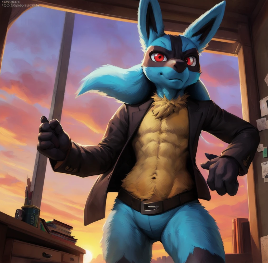 a highly detailed Lucario, standing, full body, ahegao expression, penetrating gaze, no clothes, hyperrealistic, 8K, HDR, physically-based rendering, dramatic lighting, vibrant colors, cinematic composition, intricate details, muscular anatomy