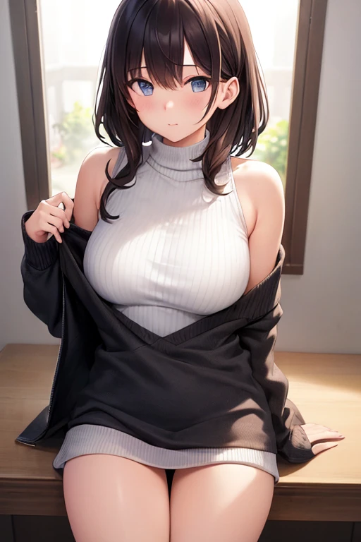 (Highest quality、Masterpiece、Very detailed、8K)、One Woman、18-year-old、Big Breasts、Virgin-killing sweater、((sitting cross-legged))、((indian style))、(sitting)、(((Beautiful armpits)))