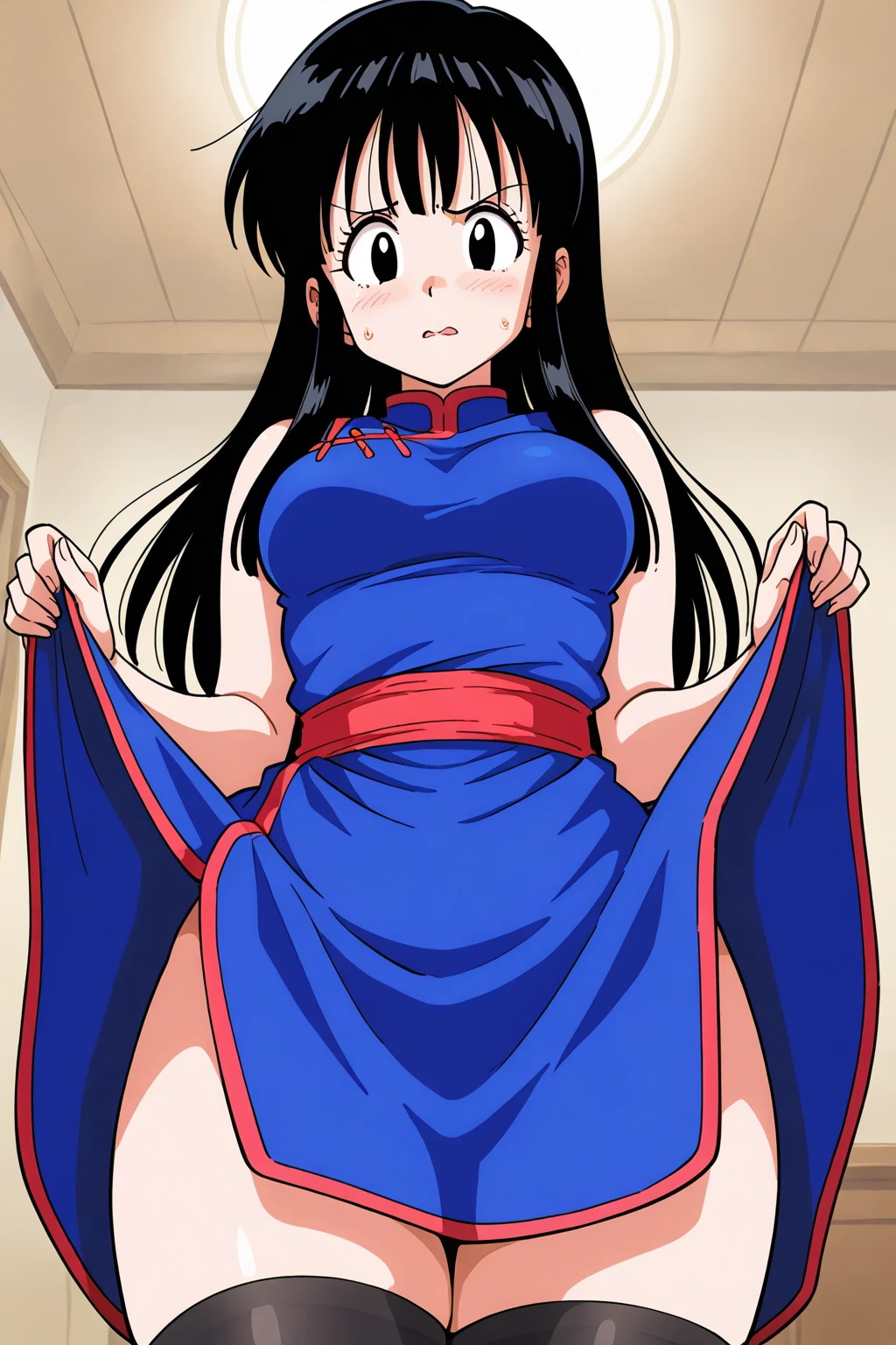 nsfw, score_9, score_8_superior, score_7_superior, anime,Dragon Ball Chichi, Who is who?, Iris, Black Hair, Long Hair, Hime cut, Blunt bangs, Side Lock, china dress, ponytail, Red wristband, Side slits, Very beautiful long legs, Perfect Face, Perfect hands, Perfect Fingers, Puffy nipples, Pussy juice, Sexual Ecstasy, trembling, foot focus, squatting, arms behind head