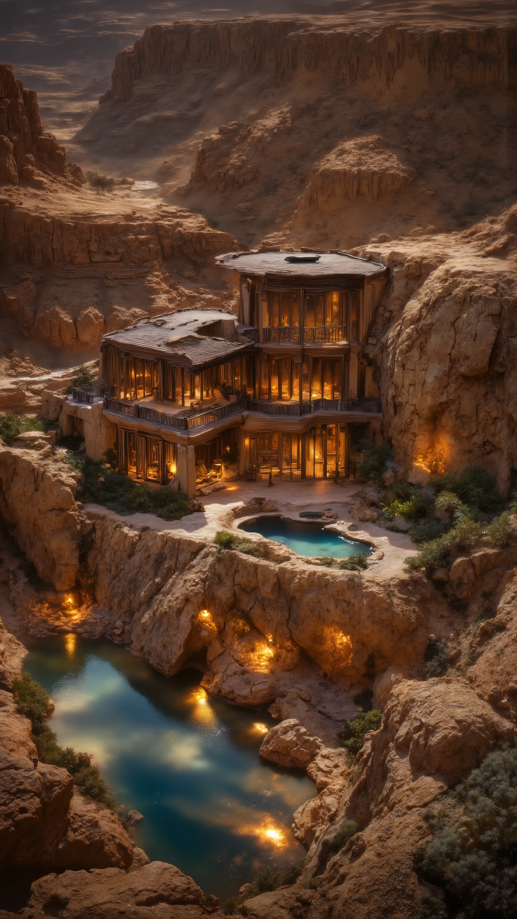 A wide view of a massive dreamhouse built along the ledges of a narrow canyon, like a fortress of peace. Layers of natural stone, smoked glass, and rich hardwood step down the canyon wall. A central courtyard glows with firelight, surrounded by meditative pools. Secret tunnels and elevator shafts connect the levels. The architecture blends into the shadows, monolithic and silent. Elegant and imposing, ultra-detailed canyon textures, Batman mansion meets desert serenity --ar 16:9 --v 5
