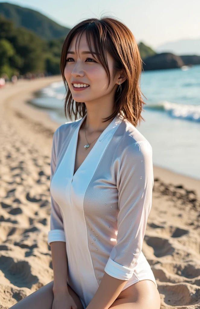 Cute woman、White shirt、mile、Open chest shirt、(A wet shirt with underwear showing through)、Wet Hair、Gazing at the sea、smile、Hibiscus flower、On the boat,ponytail、30Old woman gets wet、Hibiscus flower、