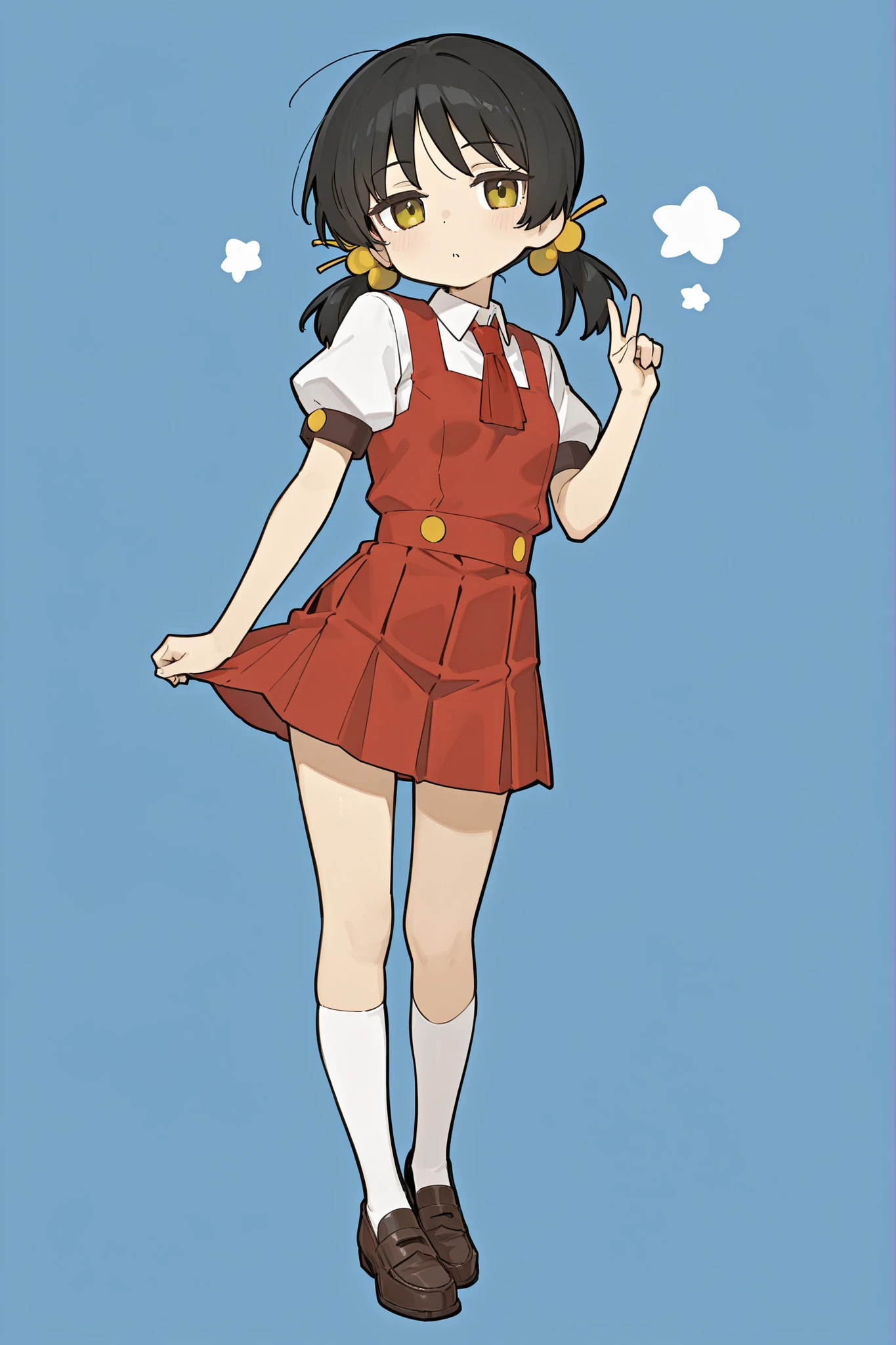 kaaiyuki-default,kaai yuki,yellow eyes,black hair,short low twintails,pinafore dress,red dress,pleated skirt,white socks,loafers、正面、