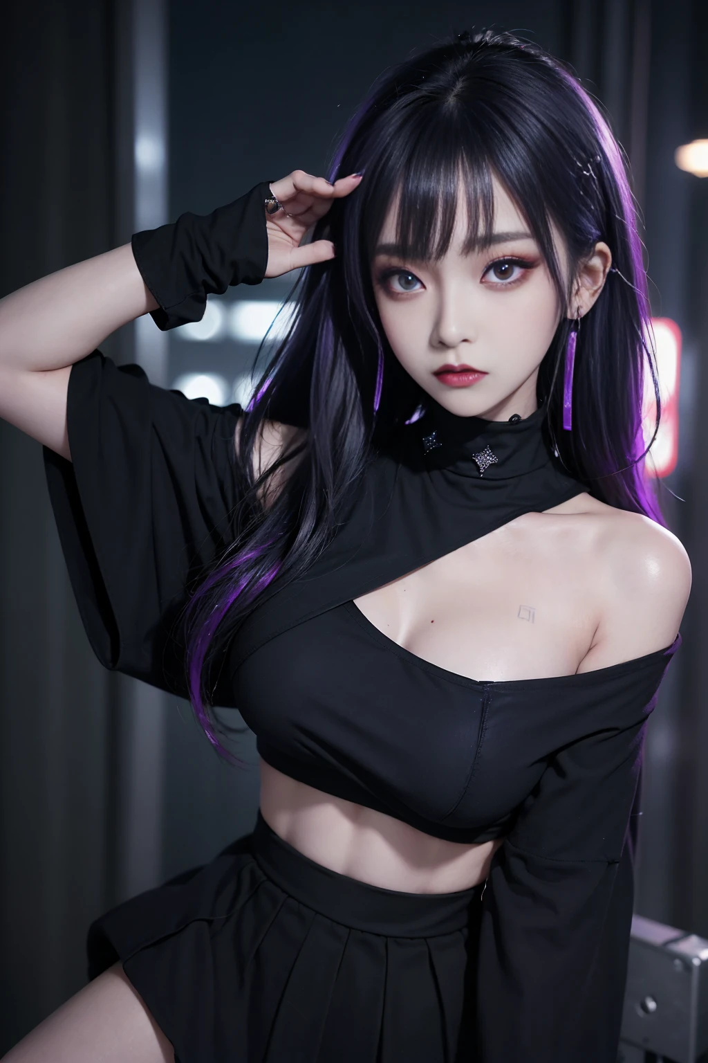 "20 years old with big breasts, Wear a black vest and a white beanie. She has long light purple hair,Have bangs, red eyes, and glasses. Tattoo covers entire hand, She is wearing a choker,Sing on a music stage with a metal atmosphere."