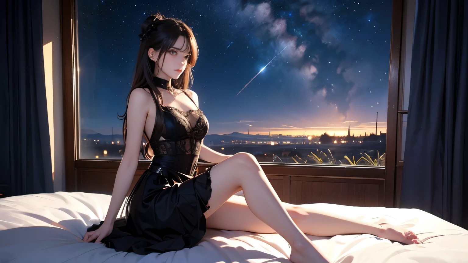 ((masterpiece)), (((best quality))), ((ultra-detailed)), ((illustration)), ((disheveled hair)), beautiful detailed eyes, (1girl:1.2),(solo), dynamic angle, from below, dark magician girl,(black kneehighs:1.1),(starry tornado:1.4), starry Nebula, ((frills)), beautiful detailed sky, beautiful detailed eyes,evil smile, expressionless,hairs between eyes,  white  hair,pleated skirt,((disreveled hair)),large cleavag, 20 years old,