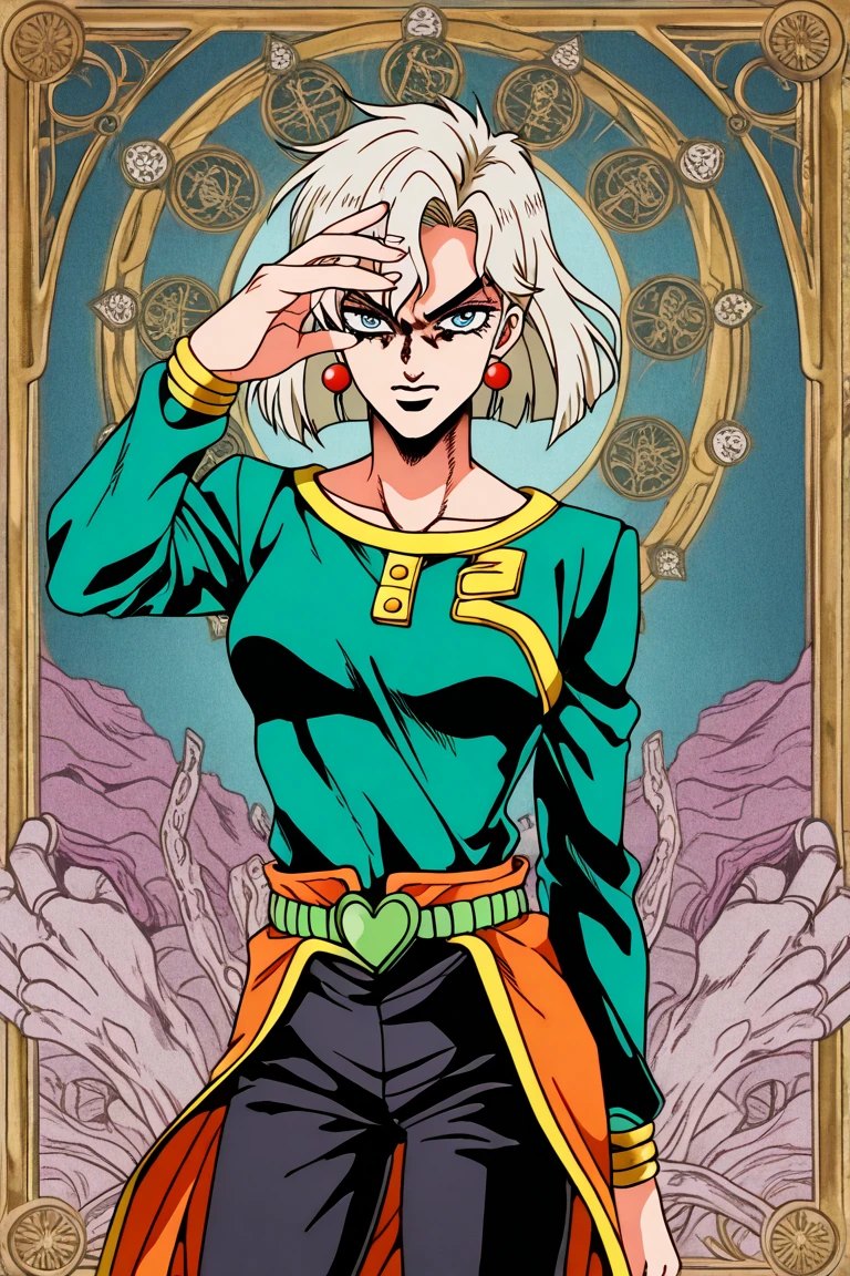 Photorealistic digital painting, modern girl android 18 DBZ eye blue + Jinx lol Devil fênix negra with the image of a marron serpente in a pleasing mix, taking inspiration from detailed forms of, dressed in an illustrious gold Green black dark jaketa Hood red  enhanced by the artistic styling of artists like Jose Royo, Boris Vallejo, Julie Bell, Carne Griffiths, Benedick Bana, Brian Froud, Eric Wallis, combines the mystique of fantasy