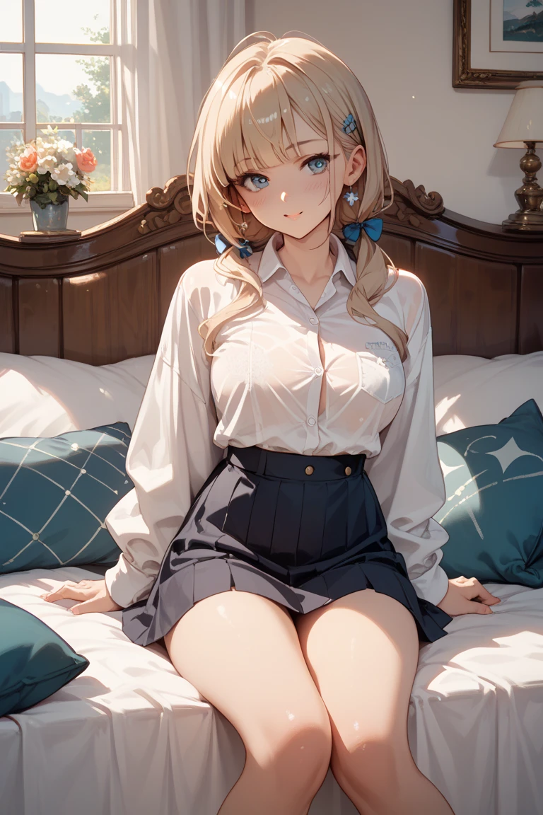 masterpiece, absurdres, best quality, ultra detailed, high Resolution, detailed illustration, bright colour, (extremely beautiful detailed face and eyes, Delicate beautiful face, 1 girl, 18yo, cute face:1.3), (magenta eyes:1.1), sparkling eyes, big eyes, (medium breasts:1.3), (perky breasts:1.1), (pointy breasts:1.1), medium hips, glamorous body, white skin, BREAK, (blonde hair:0.8), messy hair, detailed hair, shiny hair, BREAK (undressed, casual shirt, frill skirt:1.3), perfect lighting, (ecstasy, vulgarity:1.5), (embarrassed:1.3), bed, vagina, shaped legs,
