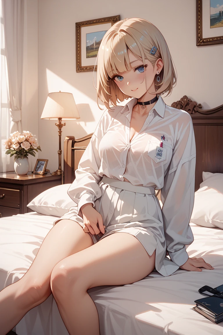 absurdres, RAW photo, extremely delicate and beautiful, masterpiece, Best Quality, ultra high resolution, 32k, hyperrealistic, ultra-detailed, perfect ???????, super Detailed skin, perfect figure, Super Beauty, Perfect Style, Perfect balance, in her 20s, very small head, very small face, delicate facial features, tearful mole, earring, huge round breasts, legs, medium hair, full body shot, bare one shoulder, collared shirt, bed, indoor,