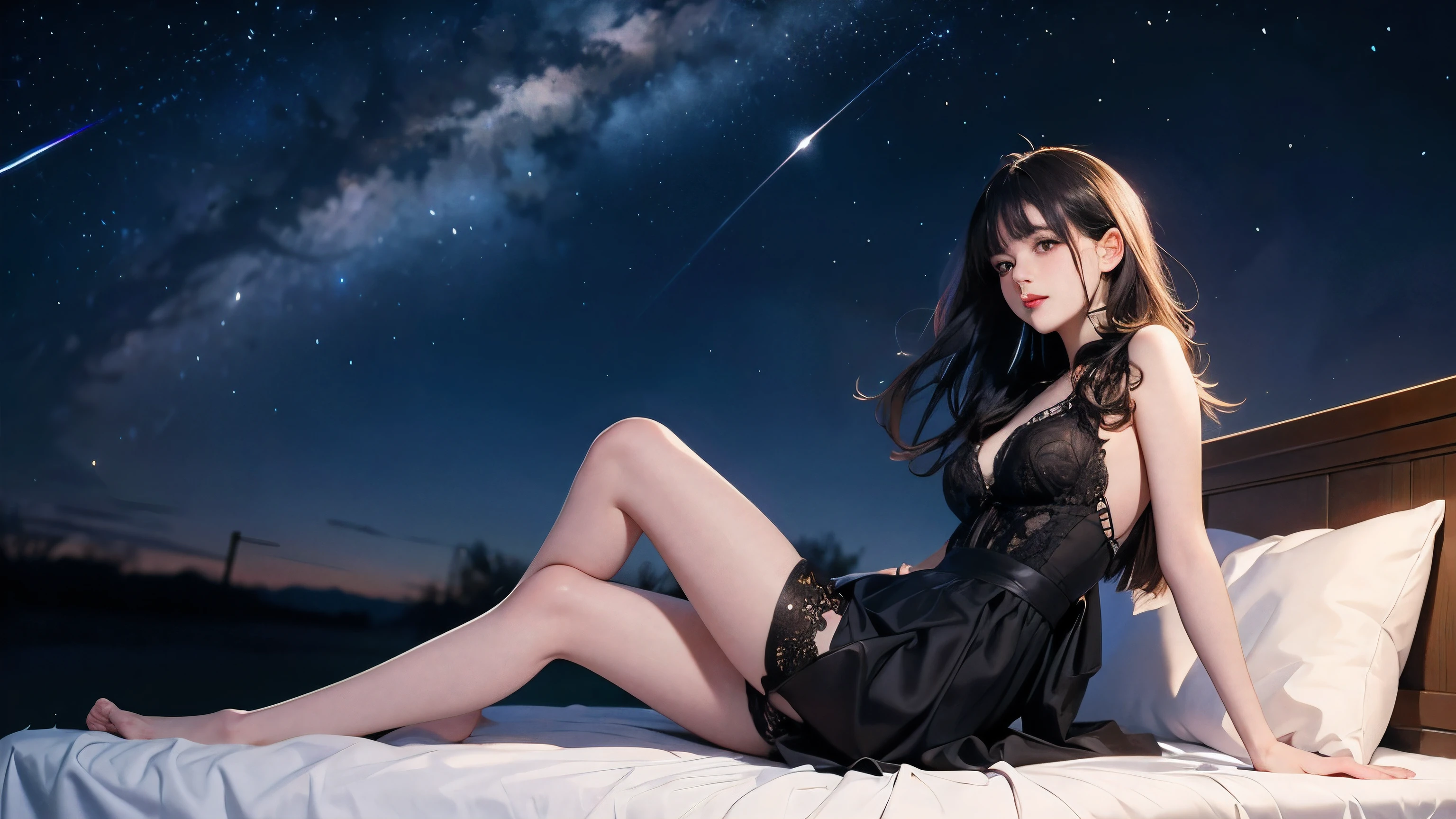 A delusional world where the star of a girl sitting on a bed placed on a prairie at night and looks at the stars shatters and emits a moment of light