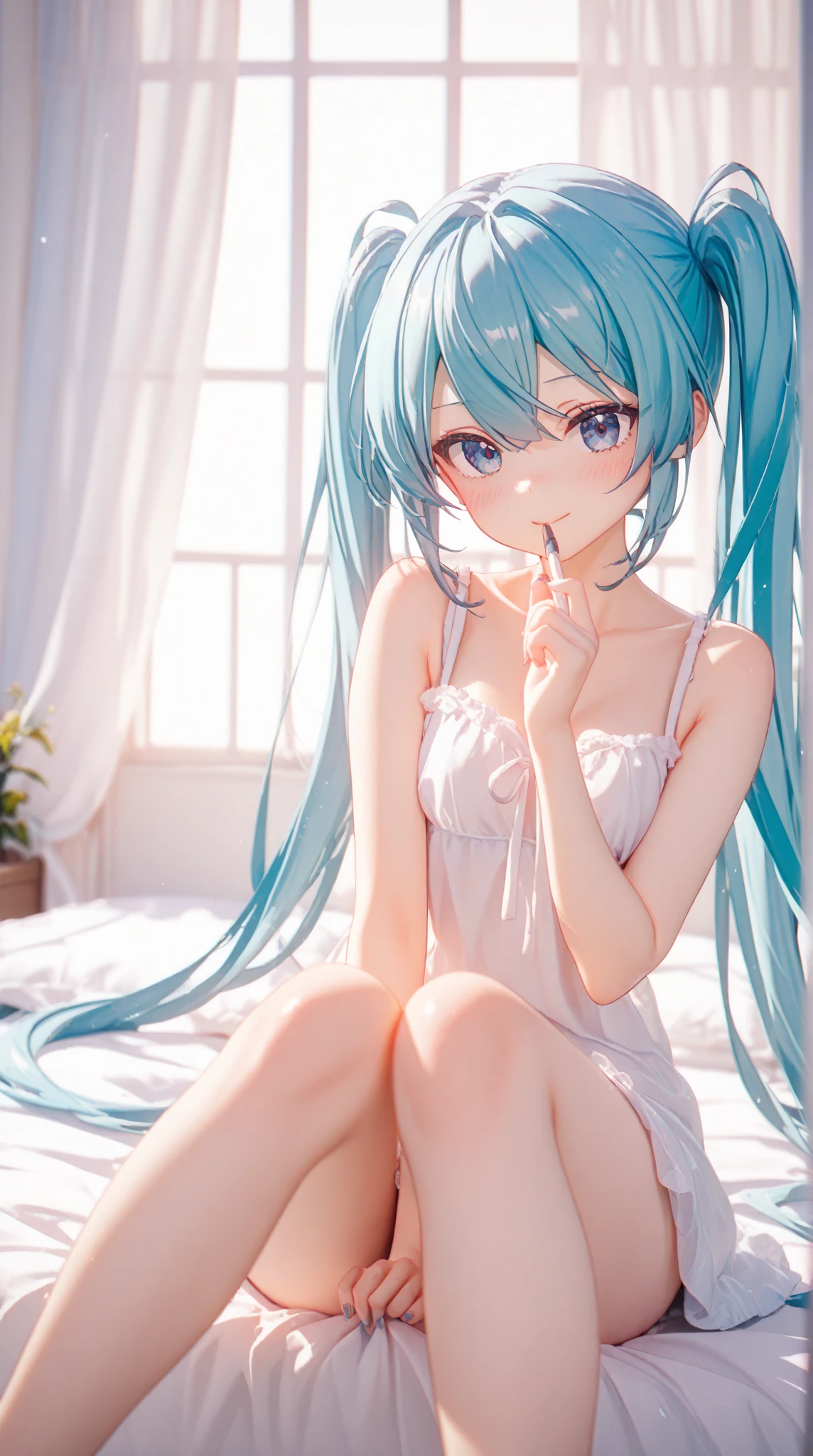 (miku hatsune)、(Small)、Slender body、(A seductive anime girl)、Beautiful style、beautiful alluring anime woman、(Full body shot)、kindly smile、Masterpiece Portrait、Glowing blue eyes、Relax on the sofa at home、A smile、Lying、Fluffy striped loungewear、