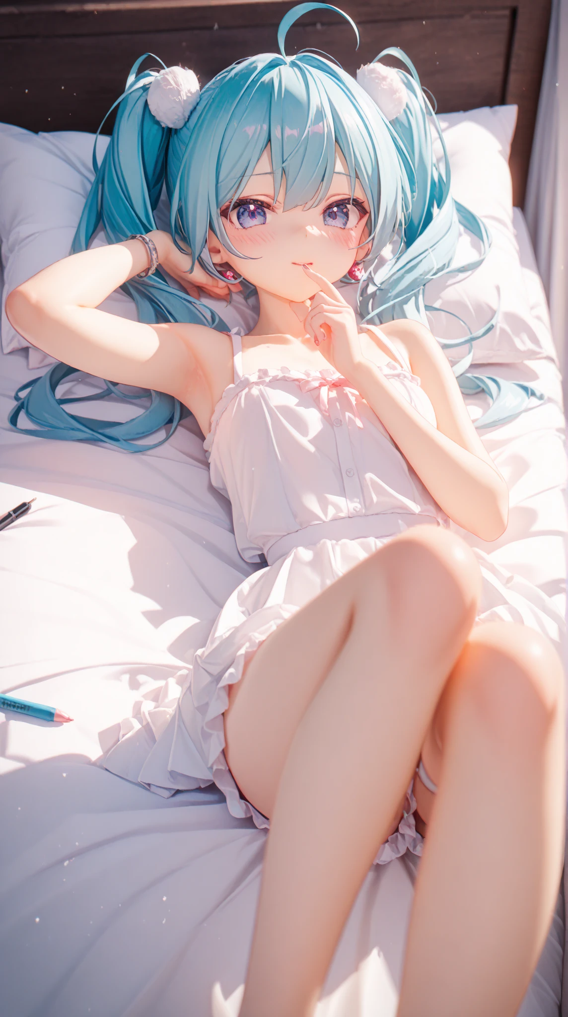 Highest quality, Very detailed, ,((blush)),((((Backwards)))),Light blue short bob、Flat Chest，Small breasts，On a canopied bed、Sleep on your back、dizzy、White liquid on thighs、White liquid on the face、Touching her lower body greedily，White liquid in the abdomen，Shaking knees、Getting drunk and being bold，Bring one hand close to your mouth，Spread your knees，A used condom lies in front，Baggy button-up shirt，Fisheye Lens，The bra is too loose and doesn&#39;t fit，Enlightenment、