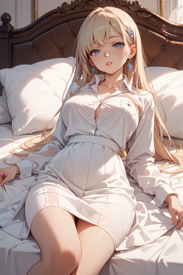 (top quality、masterpiece、very high resolution、Ultra high quality、High quality pixels)、perfect eyes, perfect face, alone,8k, large breasts,(Detailed description of hair), (Detailed description of face),(detailed description of body), Fair and translucent skin, gorgeous, long legs, facing the audience, Professional photography lighting,(Detailed yellow eyeball: 1.2), white hair, Girlfriend style, gentle expression, cowboy shot, (white oversized formal shirt: 1.2), model posture, pantless, long shirt covering underwear, girlfriend ssmile, Sit, bed, horse ear, long straight bangs, long straight hair