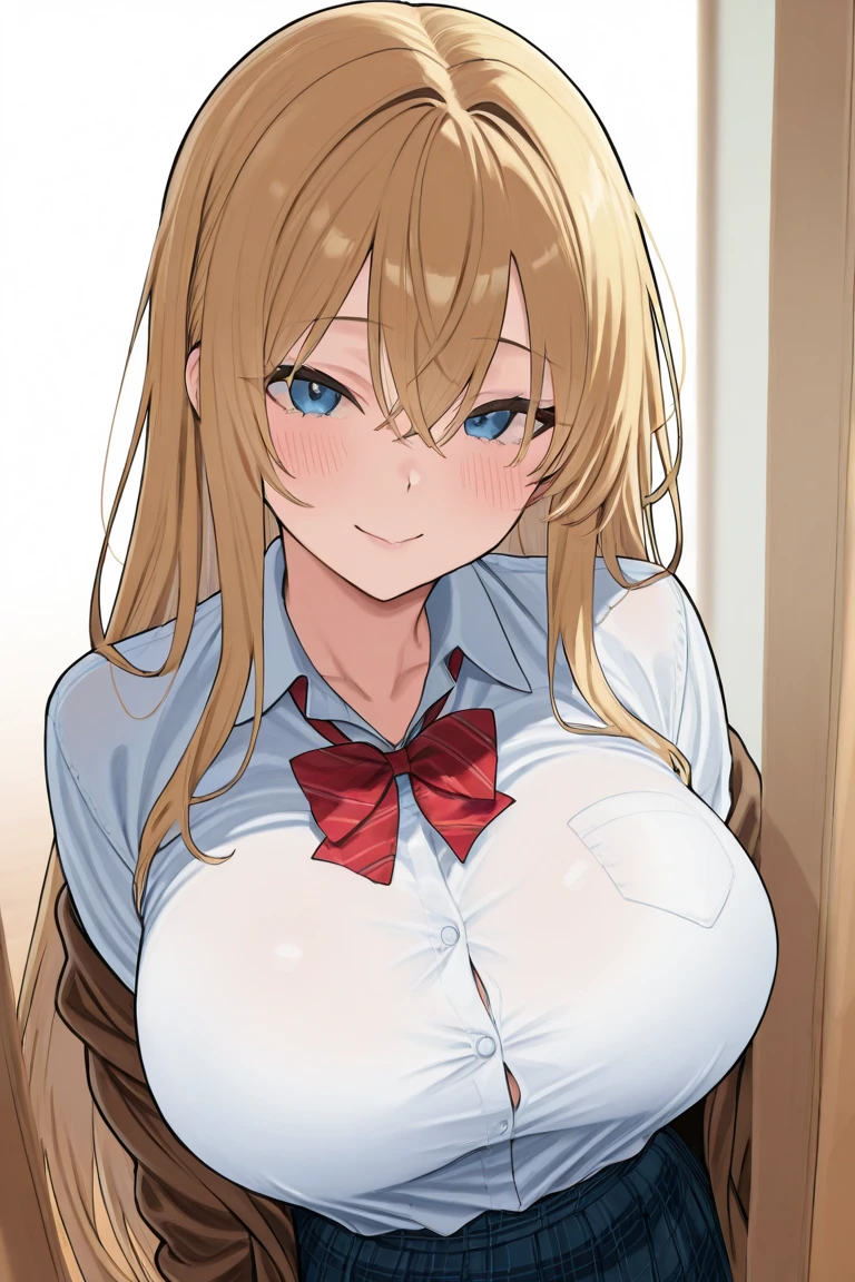 8k, 8k portrait, (masterpiece, best quality), superb exquisite, super fine illustration, depth of field, nonomi, BREAK 1 girl, light green eyes, BREAK (long hair, Ivory hair:1.3), BREAK (white collar shirt, pleated skirt, high socks), BREAK smile, all fours on bed, collarbone, Breast view, (without bra),