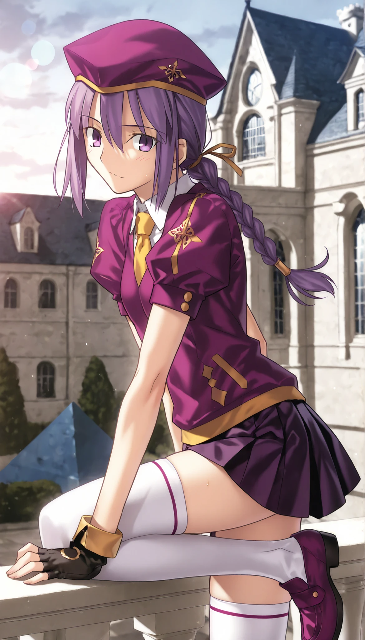 masterpiece, , absurdres, highres, detailed background, high resolution, masterpiece, necessary, detail, best quality, quality, necessary, details, High details, Precise, dark, outdoors, (mansion, blue pyramid), lens flare, blurry background, from side ,                                            
                                                                                                                                                                                                                         1girl, Takeuchi Takashi (type-moon,tsukihime) style, takeuchi takashi style, (aged up), (standing on one leg), leaning forward,  
   
girl, (slender body, slim arms, slim bod), (Sion) Eltnum (Atlasia) ,sion eltnam atlasia,(fate), purple hair , purple eyes, half-closed eyes, tsurime, hair between eyes ,long bang, medium hair , braided hair , braided ponytail , yellow ribbon , EltnumOutfit ,small breasts, light purple sweater ,Juliet sleeve sweater , collared undershirt , white undershirt , undershirt , yellow necktie ,(short sleeve), , dark purple skirt , miniskirt , gold trim , white thighhighs , single glove , fingerless glove , black glove , dark purple beret , ,((head tilt)), looking at viewer,(small breasts), 