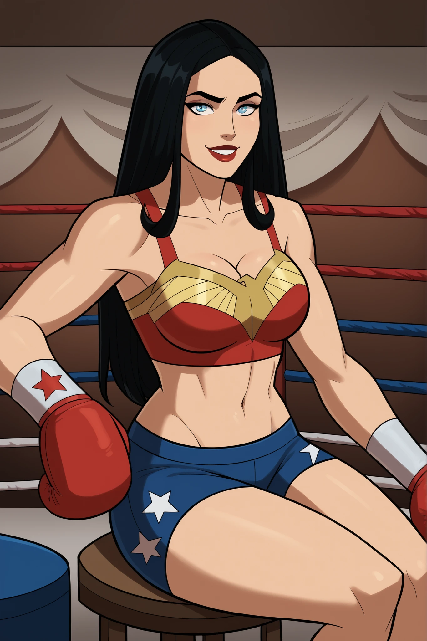 safe_pos, score_9, score_8_up, score_7_up, score_6_up, BREAK, solo, 1girl, wonderwoman, long hair, black hair, blue eyes, large breasts, cleavage, curvy, athletic, smile, bedroom eyes, happy expression, looking at viewer, wide hips, lipstick, makeup, red sports bra with gold trim, blue boxing shorts with white trim, indoors, boxing ring, sitting on stool, closeup, portrait