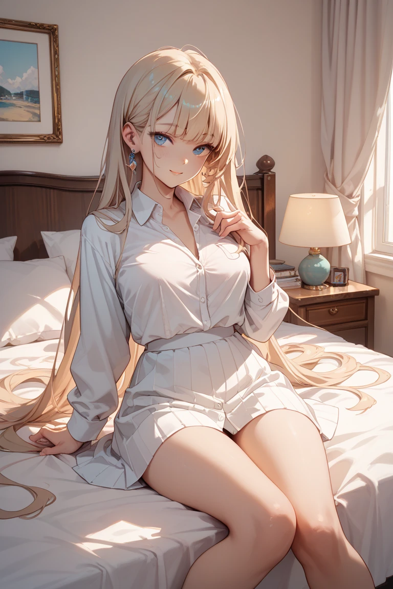 highest quality、Realistic、woman、Japanese、zoom、look up、cute、Bedroom、bed、Lie down、Suyasuya Sleep、Close your eyes、Platinum Blonde Hair、long hair、pajamas、slender、Small breasts、Upper Body