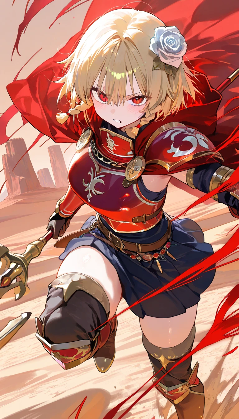 (beautiful girl : 1.3),1 girl,(Red Armor,red cloak with white embroidery,White rose hair accessory,thigh,boots),blonde,short hair,small braids,anger, abusive,Holding a spear, desert,runs,Red and white aura from a spear,active,Dynamic Angle,masterpiece,Highest Quality,rich contrasts,high image quality,8k,High Definition CG Unit Wallpaper,texture,Incredibly Absurd, RAW photos ,Deep Boundaries 1 .2,Very Detailed