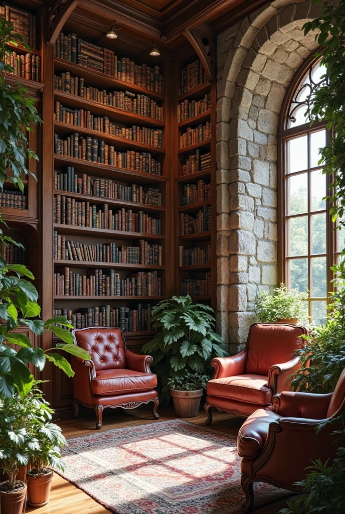 House library that looks like Castle library the size of room should be 20 m for 50 m with 5 m height it should be cozy and it should be aesthetic and give some green plants and add long windows I like castles and maybe you can add Stone stove the books should be approximately 5,000