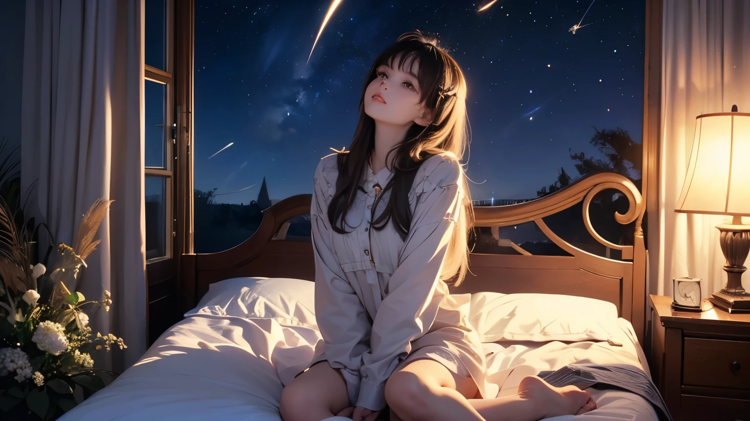 A girl sitting on a bed placed on a prairie at night and looking up at the stars A delusional world where stars shatter and give off a moment of light