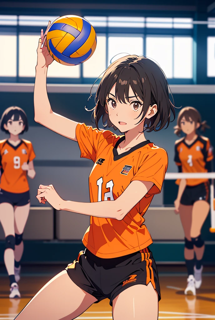 there is a woman that is holding a volleyball ball in her hand, wearing a volleyball jersey, female beach volley player, Chiho ashima, akikazu mizuno, volleyball, Nishimiya Shoko, Chiho, marin kitagawa, Portrait Shot, akiko takase, Kazami Yuuka, aoshima Chiho, It&#39;s bittersweet
