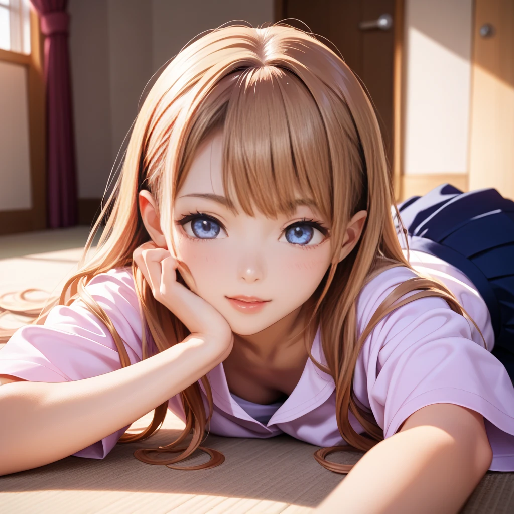 、Cute girl、Primary schghest quality, Surprisingly complex, Round eyes, Happy, :D, Mid-chest,Lying in bed、