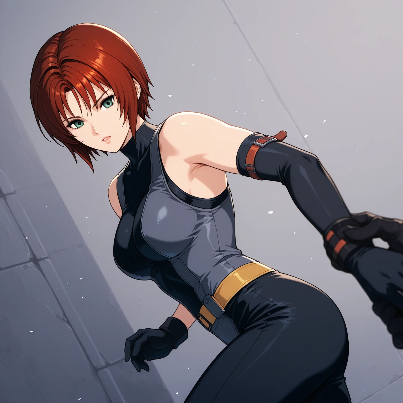 ((1girl)),((alone)),nobara kugisaki,(masterpiece), (best quality), (ultra detailed), (best illustration), (best shadow), (absurdities), sharp focus, cowboy shot , looking at the viewer, dynamic posture, 18 years old, short hair, orange hair, brown eyes, mole below the outer edge of the eye, large breasts, narrow waist, wide hips, wide thighs, round butt, (sleeveless, short blue jacket dark: 1.4, open jacket: 1.2, exposed waist: 1.3, navel, white sports bra: 1.3, neckline: 1.4, clavicle, black yoga pants: 1.4, thigh gap, thick thighs, black pants, hand on the hip, seductive smile, black pantyhose, (sexy pose: 1.2), alone, standing: 1.2, outdoor, cityscape, Japanese city, streets, sunset, looking forward, ((focus on the senses), pov ( from above) expression would be, red blush, perfect anatomy, perfect hands
