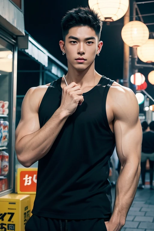 Japanese man, big muscles, pale skin, handsome, good facial details, pierced ears, tattoos, on the street at night, nude, see-through black shirt, tight-fitting, sleeveless, extremely sexy, shirt soaked, sweating profusely. , lights from various stores, photo shoots, sexy, portraits, dynamic poses