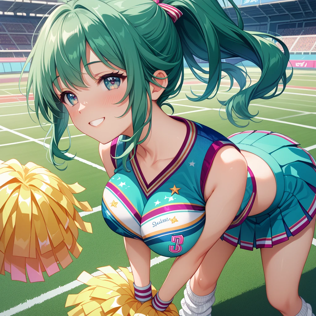 1lady solo, cheering, dancing, (dynamic posing), cheerleader (stylish outfit), female, /(light black hair/) bangs, ribbon, blush brightly smile, open mouth, (teeth:0.8), (masterpiece best quality:1.2) delicate illustration ultra-detailed, large breast (holding pom-pom) BREAK /(baseball stadium) grass, outdoors, audience