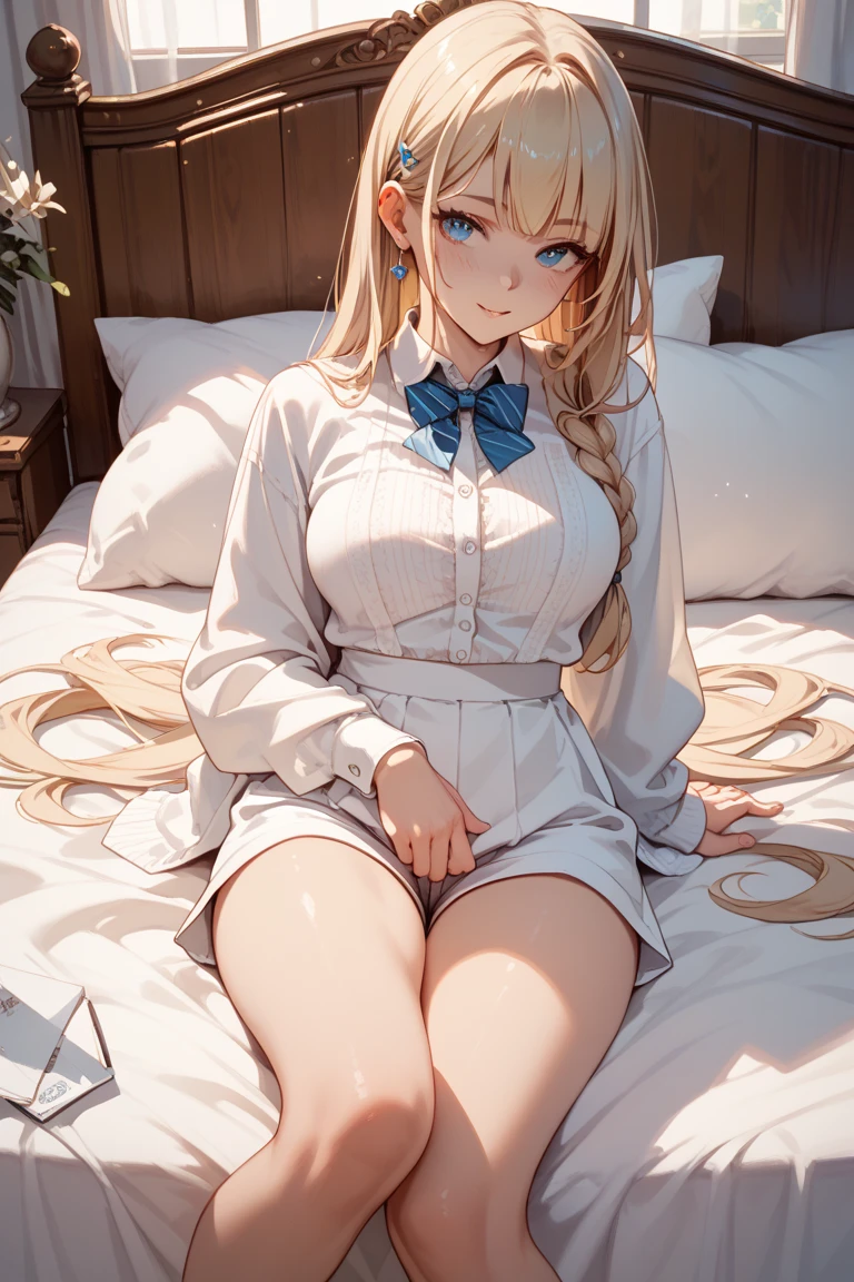 (8k, highest quality, Tabletop:1.2)、Ultra-high resolution、One 12-year-old girl, Detailed face, smile, blue eyes, Blonde, Braid, White panties, White blouse, Black vest, Western-style room, futon, Lie down with your legs outstretched
