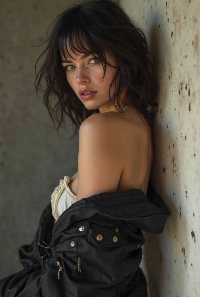 25 ans, brune, yeux marrons, delicate, professional light, flash lit, sexy, cheveux de longueur moyenne, grains de beauté, sourire romantique, Seductive look, pose coquine, bonne couverture, éclairée par les flashs des photographes, skin details, pores de la peau, visage fin, cheveux long, yeux marrons, HD, 8K, masterpiece, sourire romantique, in an post apocalyptic world, dans le desert,  red sky, tow suns, sexy, with clothes made of leather and steel, cleavage, sexy, chain around the body, madmax