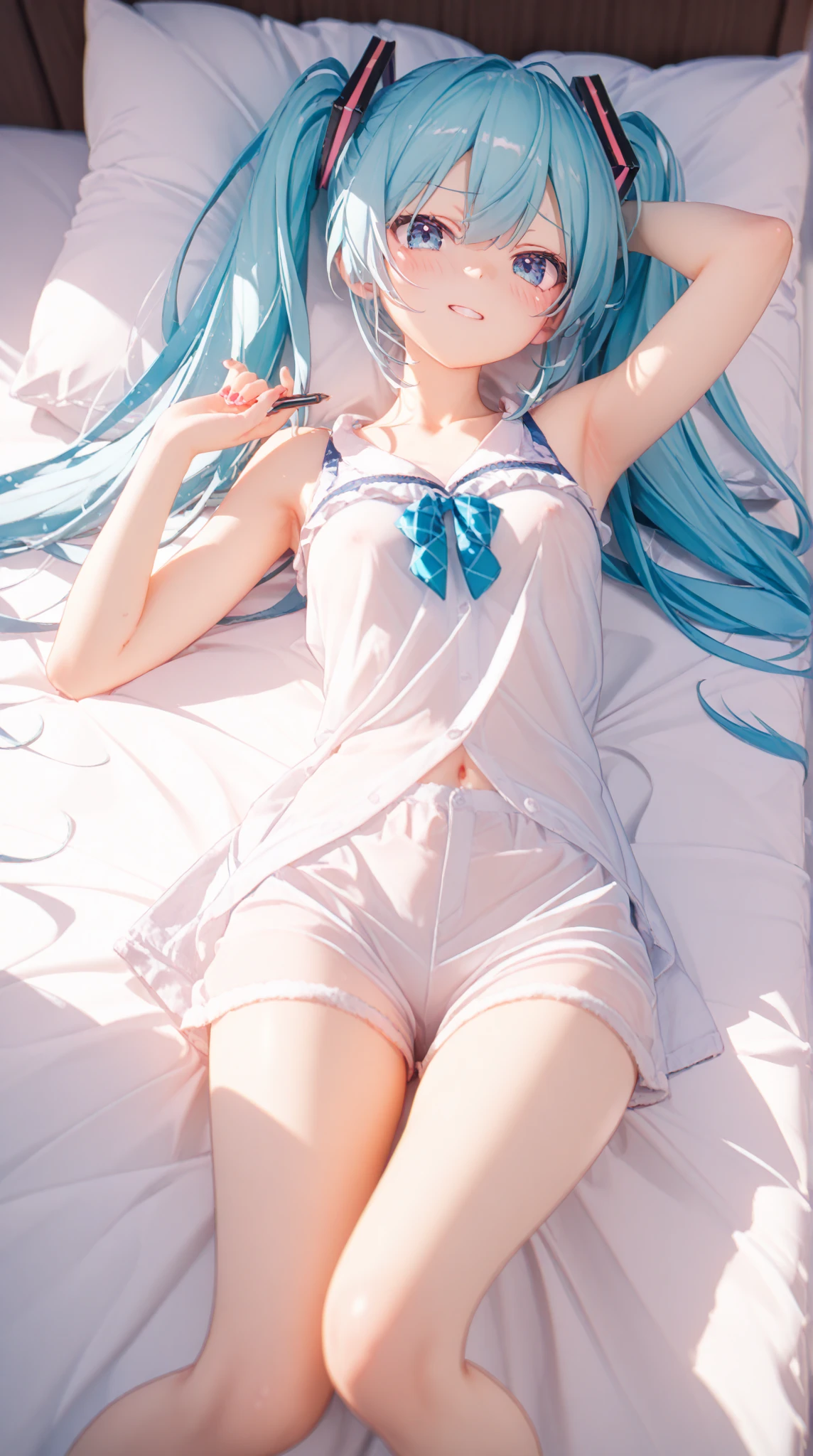 ((Highest quality)), ((masterpiece)), (detailed), futon、morning、Waking up、On the bed、Embarrassed face、naked、whole body、See-through camisole、From head to toe
