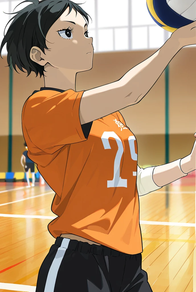 <lora:Yuu Nishinoya V3:0.6> Yuu Nishinoya ,solo,1boy, masterpiece, best quality, ((1man)). ((aged up)), haikyuu!! nishinoya_yuu highres ,ball black_hair (blonde_hair) brown_eyes clothes_writing, feathers footprints karasuno_volleyball_uniform male_focus multicolored_hair orange_shirt parted_lips playing_sports shirt short_hair solo (streaked_hair) sweat two-tone_hair upper_body volleyball (volleyball_uniform) (volleyball court)