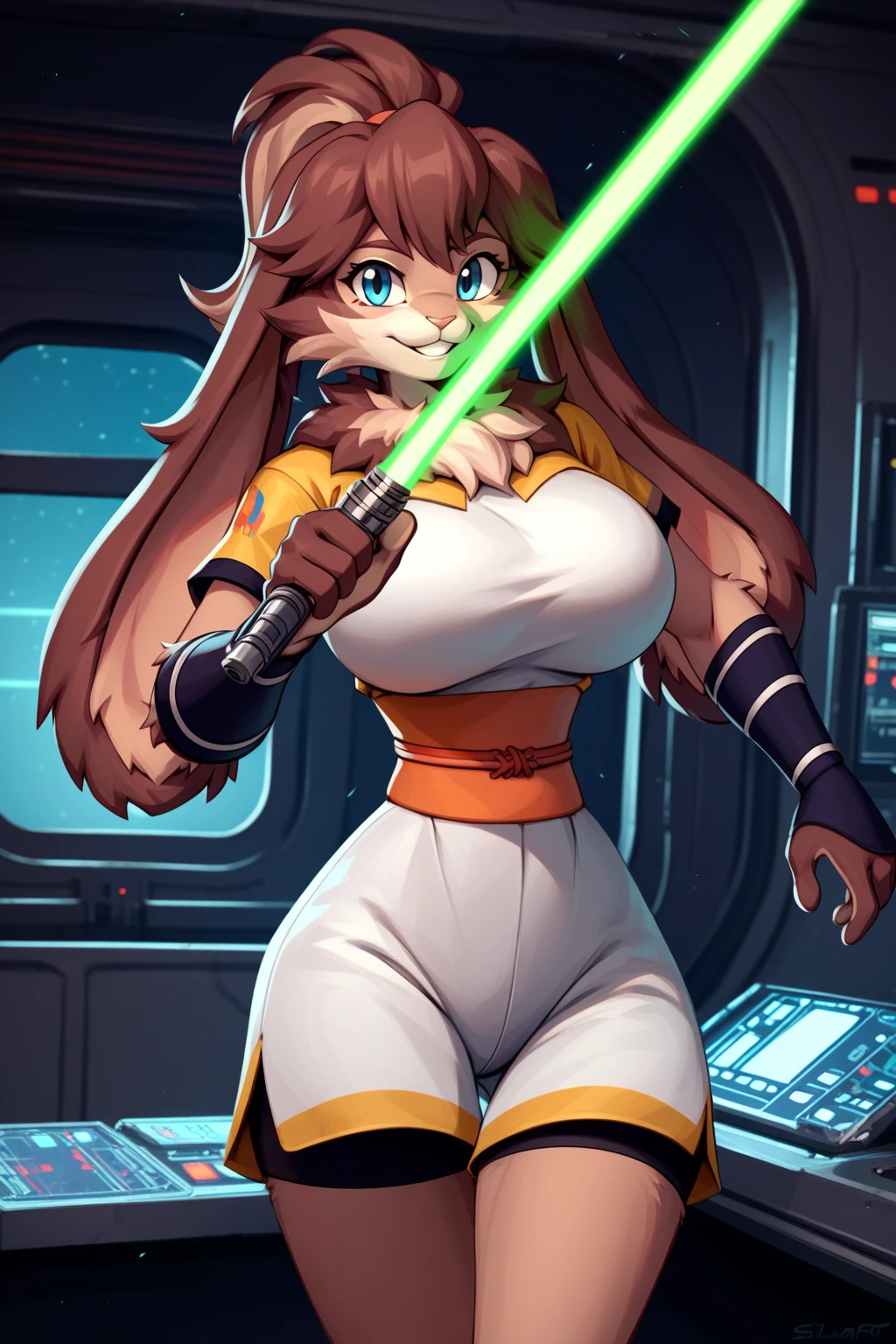 Star Wars, a chipmunk themed alien woman (sexy furry bikini, huge eyes, huge breasts, athletic, body fur, blaster pistol, cute) is sneaking up on an Imperial base. Forest
