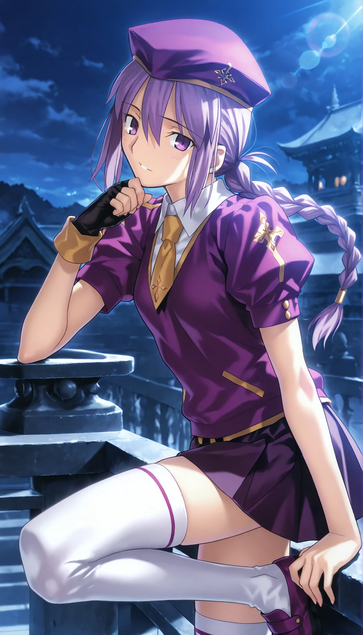 masterpiece, , absurdres, highres, detailed background, high resolution, masterpiece, necessary, detail, best quality, quality, necessary, details, High details, Precise, dark, outdoors, (many blue square prism architecture), lens flare, blurry background, from side ,
1girl, Takeuchi Takashi (type-moon,tsukihime) style, takeuchi takashi style, (aged up), (standing on one leg), leaning forward,
girl, (slender body, slim arms, slim bod), (Sion) Eltnum (Atlasia) ,sion eltnam atlasia,(fate), purple hair , purple eyes, half-closed eyes, tsurime, hair between eyes ,long bang, medium hair , braided hair , braided ponytail , yellow ribbon , EltnumOutfit ,small breasts, light purple sweater ,Juliet sleeve sweater , collared undershirt , white undershirt , undershirt , yellow necktie ,(short sleeve), , dark purple skirt , miniskirt , gold trim , white thighhighs , single glove , fingerless glove , black glove , dark purple beret , ,((head tilt)), looking at viewer,(small breasts),