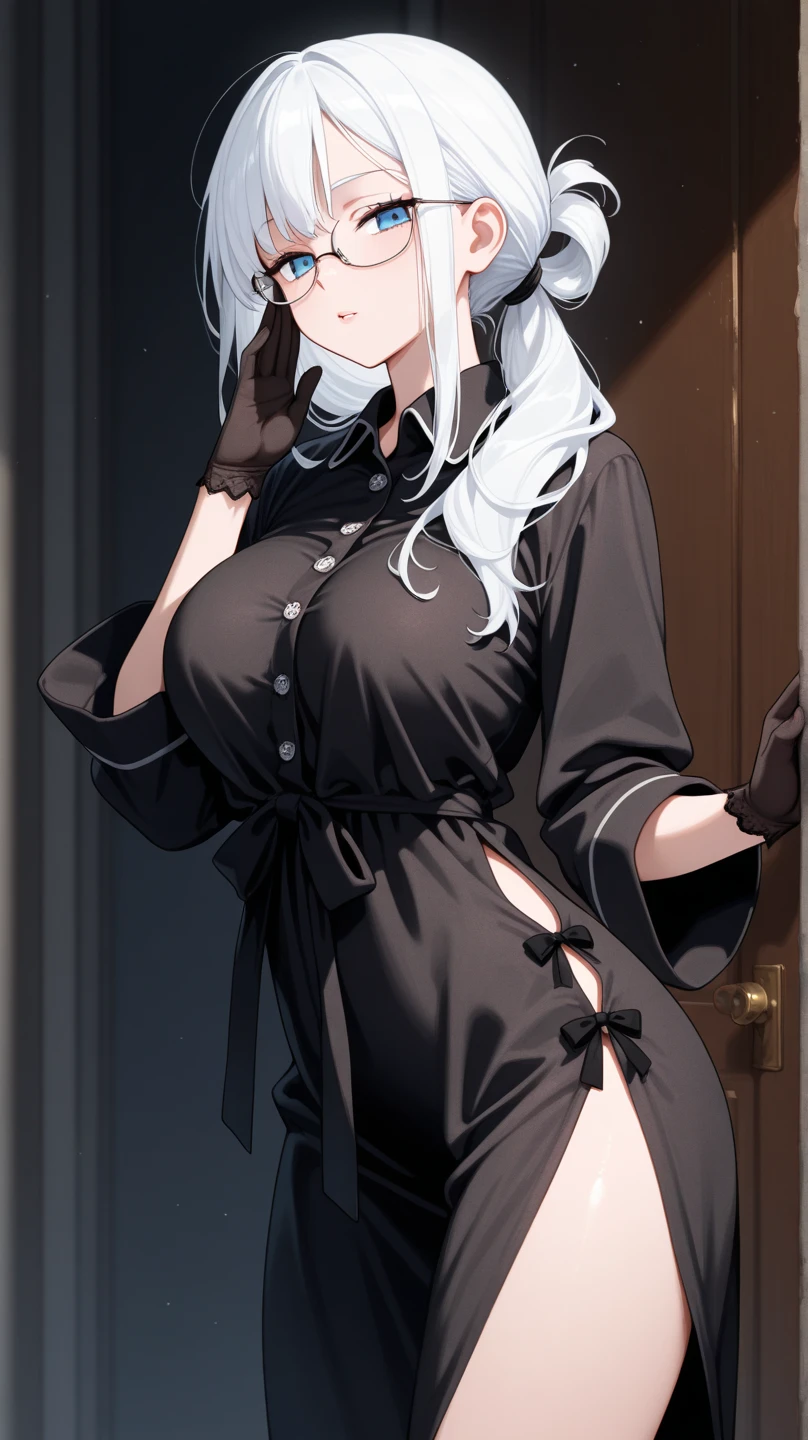 Talulah(Arknights),grey hair,curvy body, wearing clothes(Muslim attire),wears headscarf(hijab),bedroom, night setting,close view.