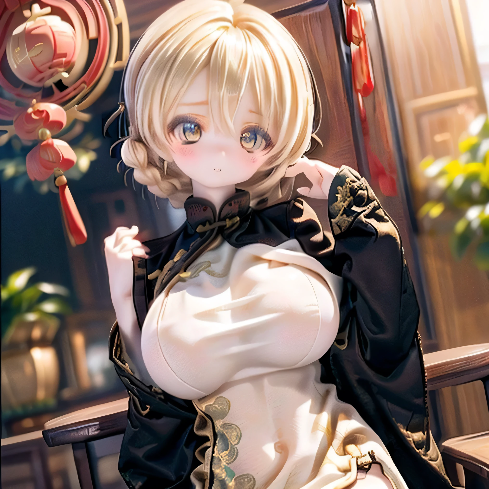 Thorough, beautiful woman with expressive eyes , man with a perfect face, blondes , golden eyes , Pでk Lips, Attention to Thorough , (((((china dress ))) bright color, it's cute , 「n'n」Ki is a、with a Darjeeling hairstyle that clearly outlines her eyes , crooked . poor、 sexy pose、
(((Big Breasts))) sit on a chair