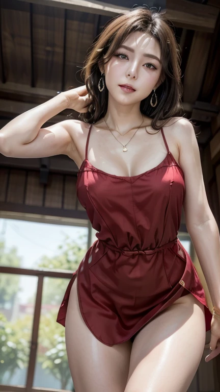 ((((masterpiece、Highest quality、High resolution、Tabletop、wallpaper、Realistic、Bright lighting、Professional Lighting、Face Light、Smooth lighting、Japanese women、Beautiful woman、action、gravure、sexy、so beautiful、Beautiful Skin、Beautiful and exquisite、Detailed face、slim、Looking into the camera、Cleavage))))、((Big Breasts:1.4))、((((japanese,20-years-old,One woman,outdoors,Looking into the camera,red night dress:1.5)))),smile,close mouth