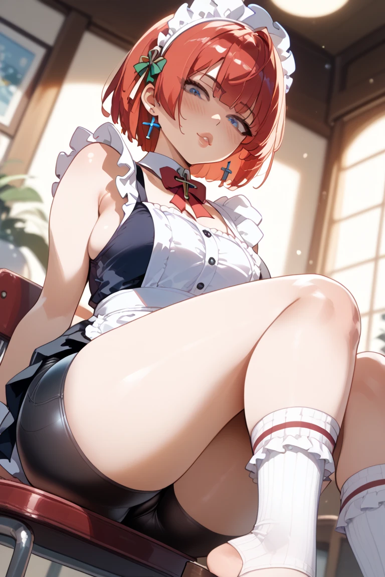 ((nsfw)),tits outside、((Browsing Caution)),One Girl,((Redhead, Short Ponytail, )),Small breasts,Cute face、、solo,  outside、Browsing Caution,(Spread your legs),(((Maid style swimsuit))),はずかしCute face,smile,Tabletop, Very nice and beautiful,Realistic, (on stage),