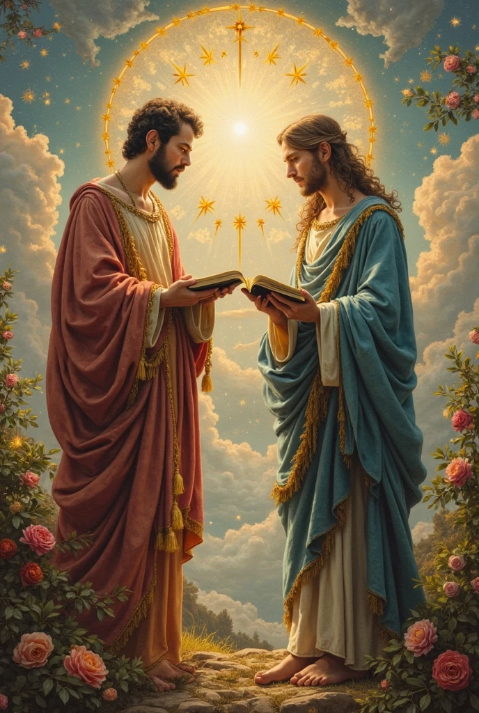 A beautifully illustrated tarot card titled "The Lovers VI" featuring a tender and intimate moment between two men. The card is framed by an elegant gold border, adorned with intricate symbols of love and unity. The background is a serene and romantic blend of pastel pinks and blues, with soft clouds hinting at a heavenly setting. The central figures, a gay couple, stand gracefully under the canopy of an ancient tree with intertwined branches that form a heart. The man on the left is dressed in a flowing robe of pale blue, representing tranquility and the sky, while the man on the right is in a warm earth-tone, symbolizing groundedness and passion. Both figures gaze into each other's eyes with profound love and understanding, their hands gently joined in a gesture of commitment. Between them, Cupid hovers playfully, aiming his arrow of love at their hearts. The Lovers card, traditionally signifying harmony, love, and choice, is reimagined here to celebrate the deep bond and spiritual union of two souls, regardless of gender. The artwork captures the essence of the tarot's archetypal message while embracing modern diversity and inclusivity.
